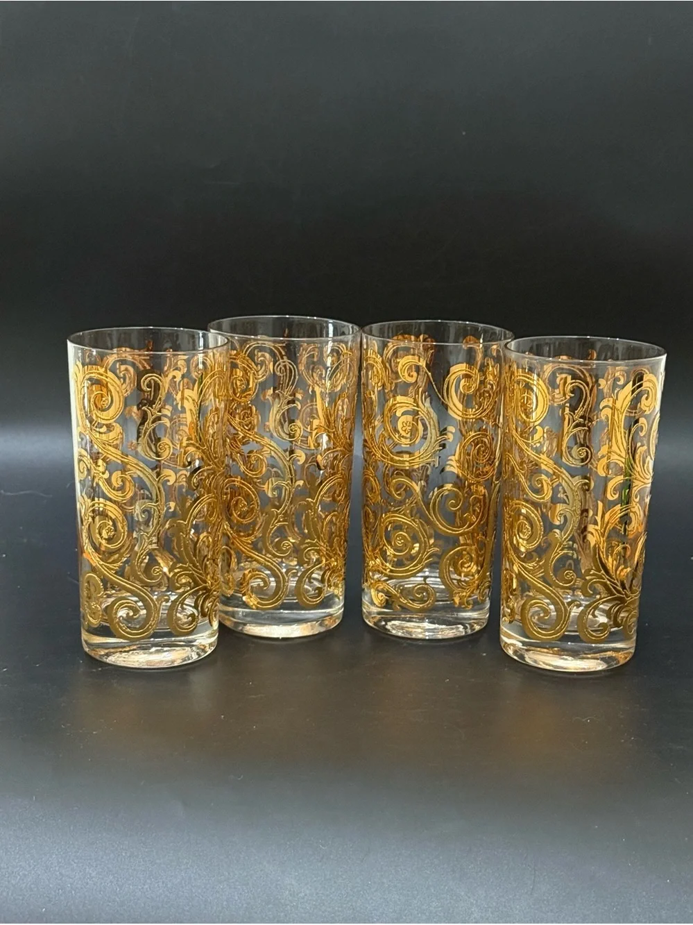 Lot of 4 Vintage MCM Culver Scroll 22k Gold Gilt 5.5” Highball Tumbler Glasses